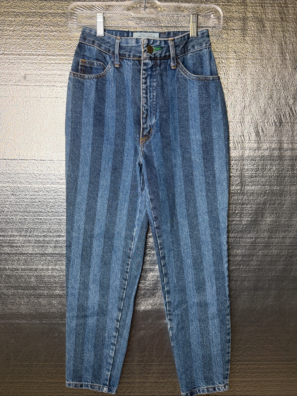 Vintage 80’s USA Cotton High-Rise Vertical Stripe Blue Jeans Zip Ankle